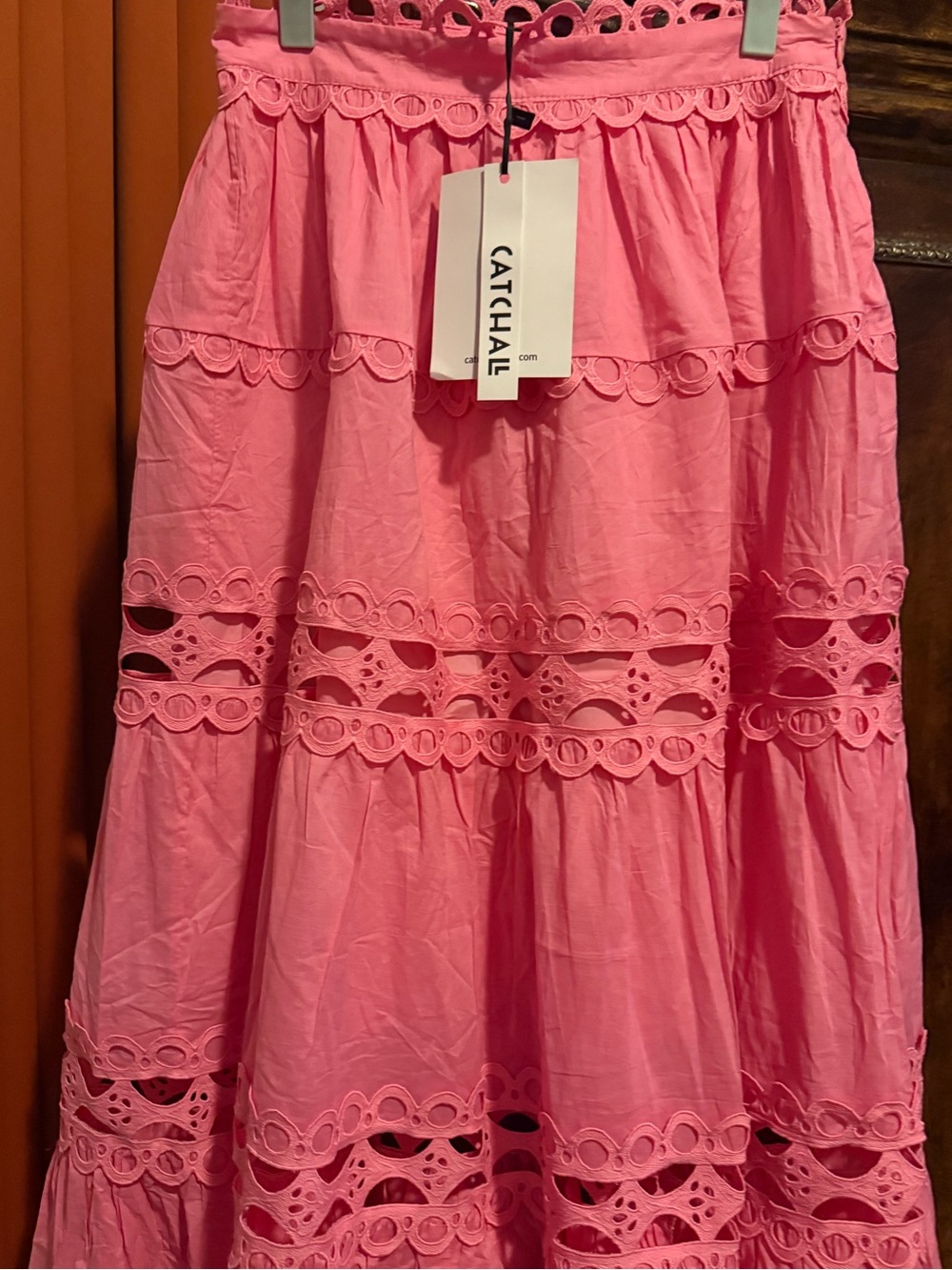 Women’s Pink Eyelet Lace Long Sleeve Maxi Jacket and Skirt Set - Picture 6 of 6